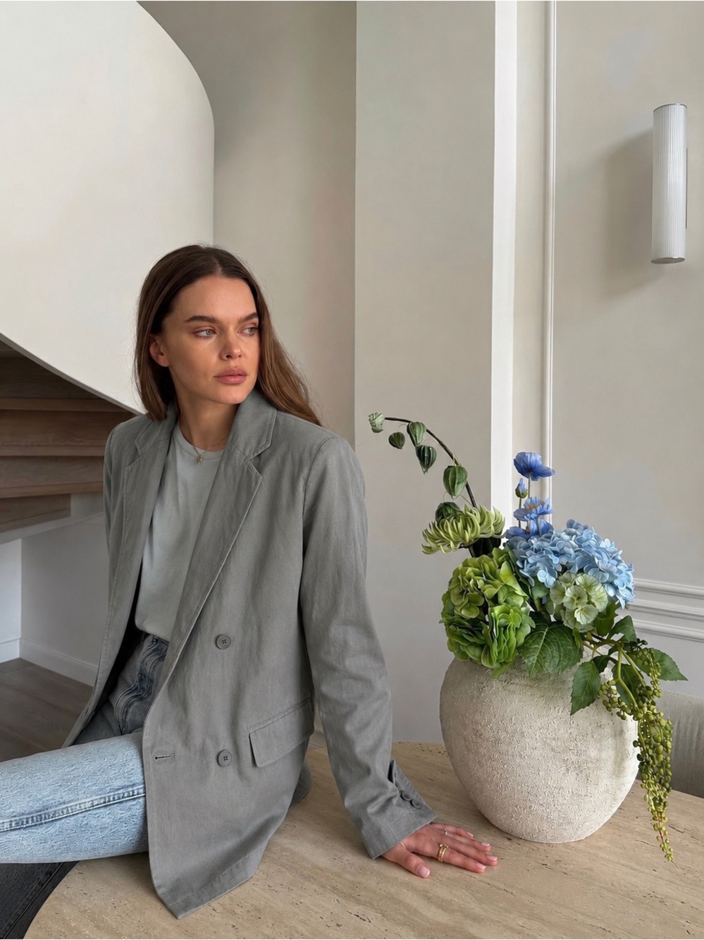 Uniqlo Linen Blend Double Breasted Blazer Olive Gray Office XS Minimalist